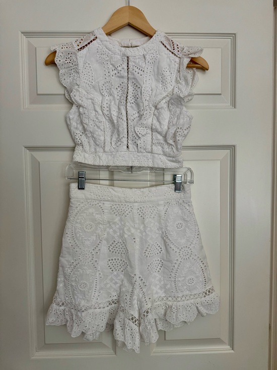 Astr Pants - Astr White Eyelet Two-Piece Crop Top & Ruffle Shorts Coord Set, Size S/M